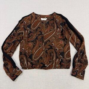A.L.C. Washed Silk Paisley‎ Blouse Black Brown Long Sleeve Top Small